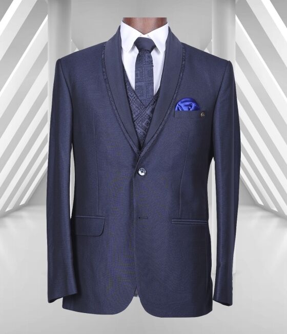 Blue Colored Textured Five Piece Tuxedo Men's Suit